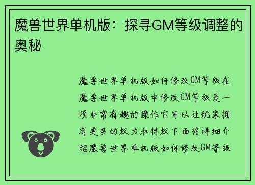 魔兽世界单机版：探寻GM等级调整的奥秘
